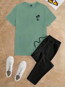 HIMLAND 男士椰子树印花T恤和裤子套装 - 彩色 - 查看 3