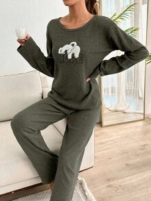 EURMUSE 2pcs Cute Lazy Koala Embroidery Detail PJ Set - Dark Grey - View 5