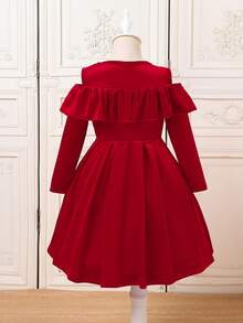 Girls' Beaded Ruffle Trim Off-Shoulder Long Sleeve Velvet Dress, Suitable For Casual, Elegant, Fashion Parties, Gatherings, Birthdays, Holidays, Christmas - Red - View 2