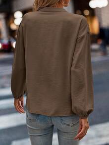SHEIN LUNE Plus Size Solid Color Front Button Lace Patchwork Casual Long Sleeve Shirt - Coffee Brown - View 2