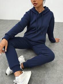 Dos conjuntos de pantalones de suéter elegantes para mujeres - suéter de capucha con cordón de extracción, 100% tejido de poliéster suave y ligero, bolsillo de canguro con pantalones elásticos, adecuado para varias ocasiones - azul real - Ver 2