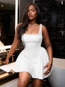 Slaydiva New Elegant Pearl Neck Square Neck Vest Design A-Line Umbrella Skirt White Knit Mini Skirt Women's Mini Dress  White Dresses-D