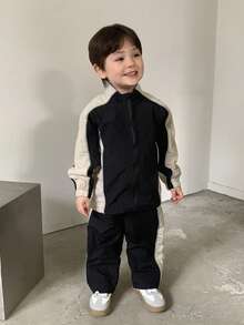 DAZY 2pcs Toddler Boys Casual Contrast Color Jacket And Pants Set - Black and White - View 3