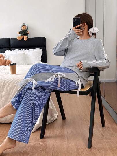 Dream Adore Schattige Bowknot Long Sleeve Pajama Set Sets Women Round Neck view 6