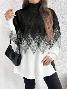 EMERY ROSE Maglietta a collo alto a maniche lunghe da donna con stampa a rombi sfumati e glitter, stile minimalista casual, adatta per autunno, primavera/autunno, autunno/inverno, Natale, colori nero e bianco, taglie comode - Multicolore - Visualizzare 3