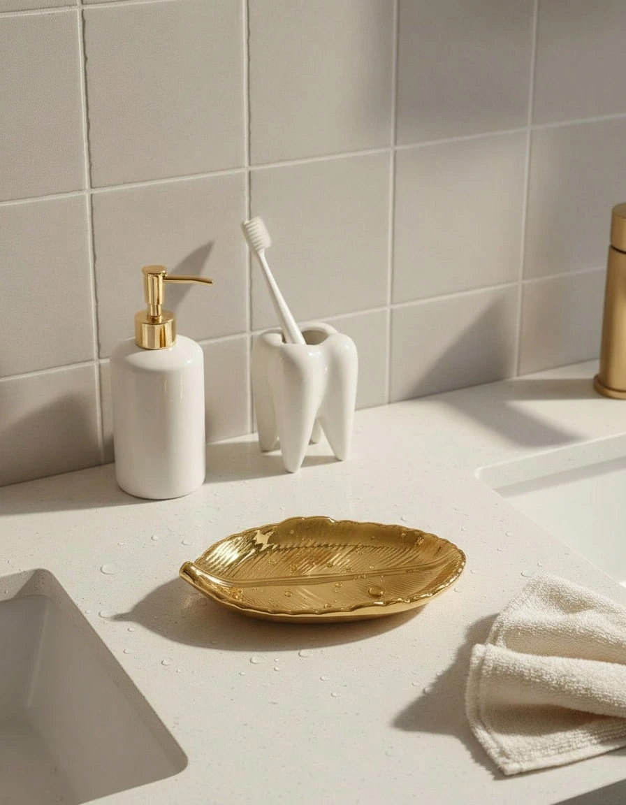 Cirelle 1pc Luxury Light Gold Leaf Electroplated Ceramic Soap Box, Creative Soap Dish For Home, Bathroom Use Ramadan Festival - Multicolor - View 1