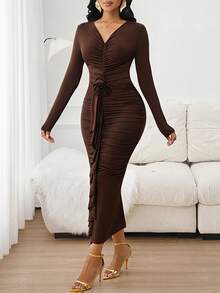 SHEIN Lady Đầm dài tay nhún bèo cổ chữ V họa tiết hoa 3D phong cách Âu Mỹ dành cho nữ - màu nâu - Xem 4