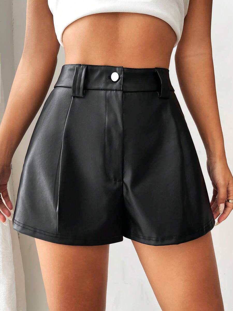 SHEIN EZwear 大码女式休闲高腰PU黑色短裤，春夏款 - 黑色 - 查看 1