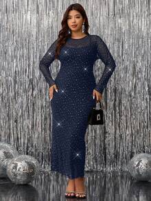 SHEIN Clasi Plus Size Women Rhinestone Mesh Round Neck Long Sleeve Dress And Solid Color Camisole Dress Elegant Set - Navy Blue - View 4