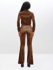 BABYPHAT Pantalones de chándal de terciopelo de tiro bajo con adorno de strass, pantalones de lujo para estar en casa con pernera acampanada y comodidad invernal - Marrón Chocolate - Ver 5