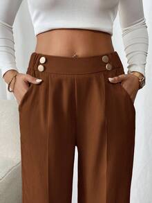 SHEIN Frenchy 女士双扣直筒优雅办公裤 - 鏽棕色 - 查看 5