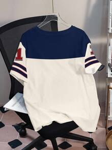 LOONEY TUNES X SHEIN Plus Size Casual Colorblock Letter Graphic Round Neck Short Sleeve T-Shirt, Summer - White - View 2