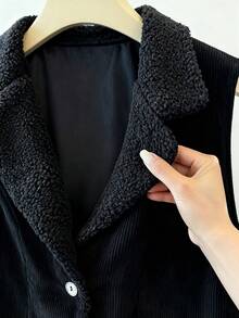Franclia Áo vest không tay bằng vải nhung kẻ sọc màu đen cao cấp thời trang thu đông mới cho nữ, thiết kế nút, phong cách tối giản cổ điển, phù hợp đi làm, ve áo mỏng đa năng - màu đen - Xem 5