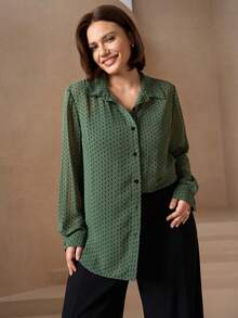 Chikora Plus Size Polka Dot Print Casual Commuter Shirt, Autumn - Green - View 5