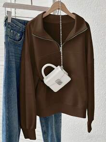 Lalippa Women's Loose Solid Half Zip Thermal Lining Sweatshirt - Coffee Brown - View 5