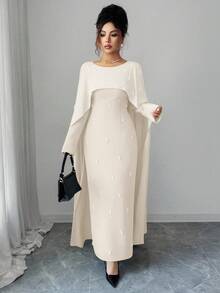 Elenzga 女士优雅绿色长款派对连衣裙，适合秋季度假、约会和外出。 - 杏色 - 查看 7