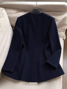 Franclia 女士优雅V领修身羊毛混纺大衣，秋冬 - 藏蓝色 - 查看 2