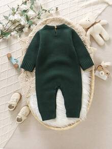 SHEIN Vintaside Kids 婴儿/幼儿男童时尚可爱百搭小熊提花针织连体衣 - 墨綠色 - 查看 2