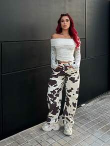 Bearsaez Women's Cow Pattern Jeans Banana Pants Y2K Wide-Leg Pants Comfortable Elastic Waist With Pockets Summer Casual Wear