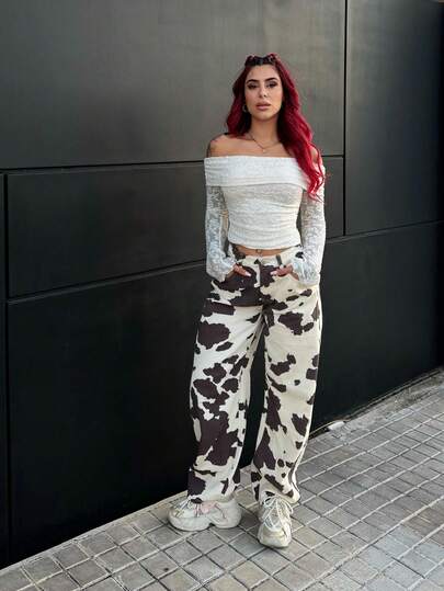 Bearsaez 女式休闲口袋牛纹宽腿宽松牛仔裤，百搭