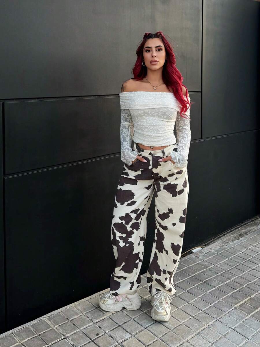 Bearsaez Women's Cow Pattern Jeans Banana Pants Y2K Wide-Leg Pants Comfortable Elastic Waist With Pockets Summer Casual Wear