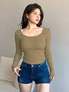 Suéter de punto elegante y sensual para mujeres - diseño de cuello y hombros, tejido de punto suave, ligero, cómodo y cálido, adecuado para citas, jardines, todo tipo de regalos para amantes - Caqui - Ver 1