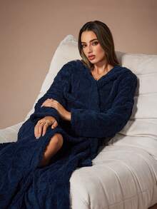 女士纯色蓬松浴袍，冬季 - 藏蓝色 - 查看 5