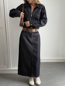 Livesso Women's Casual Denim Suit - Collared Top And Straight Skirt, Autumn/Winter - Blue - View 5