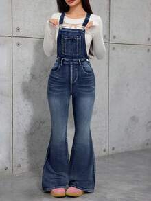 SHEIN Teen Girl Y2K Blue Denim Elastic Skinny Flare Suspender Pants,Fall Clothes,Winter Clothing ,Casual And Fashionable Vacation Outfits,Street Wear,2000s Style  ,Christmas Clothing,Bell Bottom  Jeans ,Bell Bottom  Jeans  Overall,