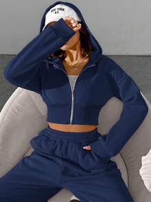 SHEIN EZwear 女士休闲藏蓝色拉链连帽衫和裤子套装（2件套），冬季服装 - 藏蓝色 - 查看 4