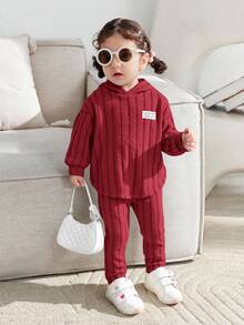 SHEIN 女婴秋冬可爱长袖连帽卫衣裤套装，婴儿服装 - 紅色 - 查看 5