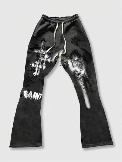 Street Life Men's Cross Religious Print Drawstring Waist Flared Leg Sweatpants
