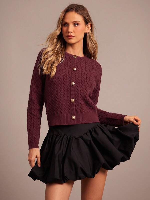 Enchnt 女士休闲纯色前扣钩针针织开衫，秋冬