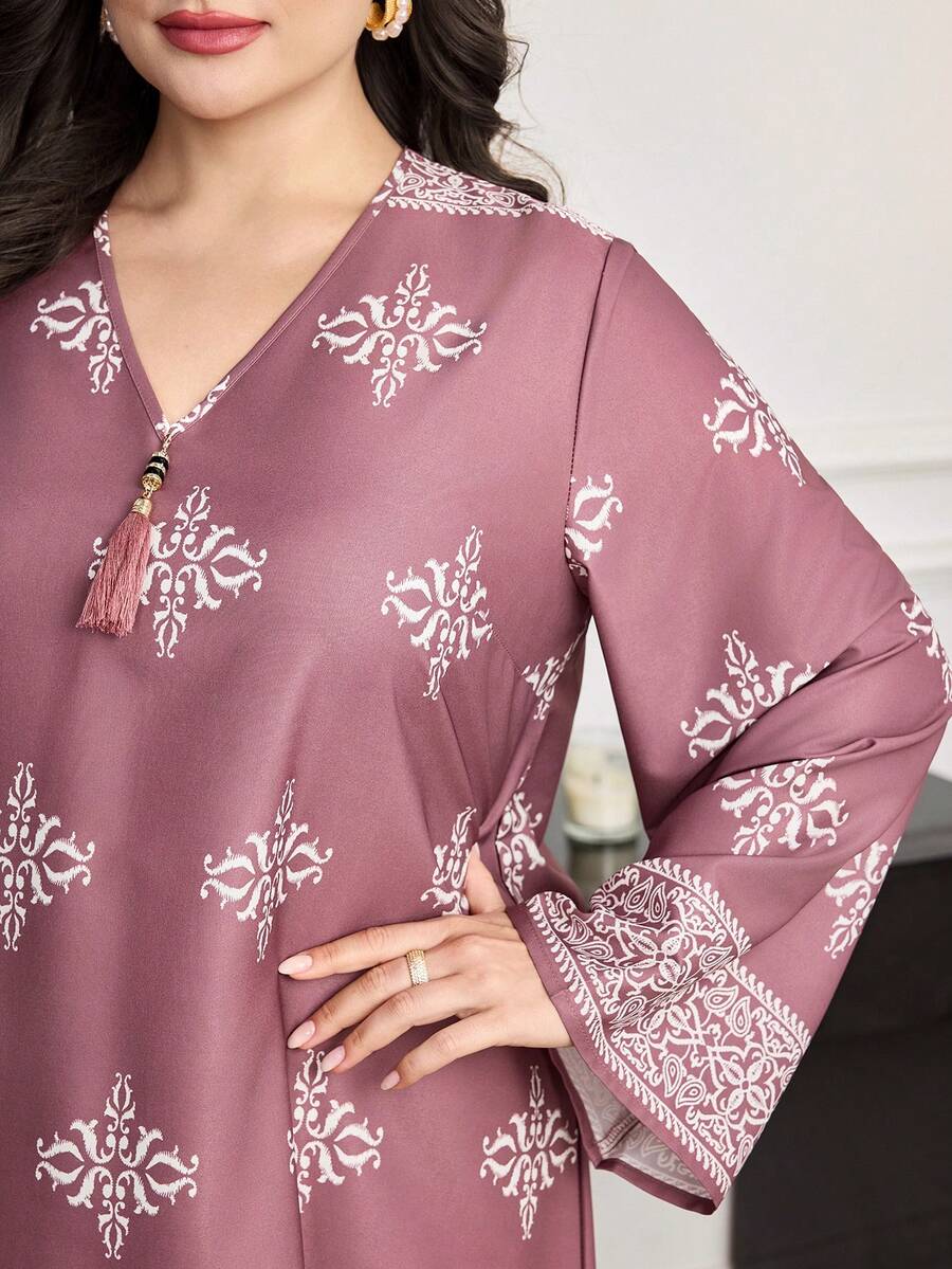 Al Najma Váy dài tay cổ chữ V in họa tiết tối giản phong cách Ả Rập cỡ lớn dành cho nữ - Bụi hồng - Xem 1