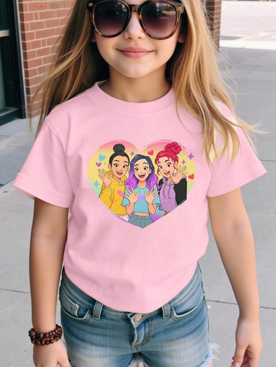 SHEIN 女童休闲爱心卡通印花短袖T恤，夏季 - 粉色 - 查看 1