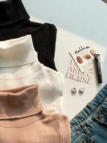 SHEIN LUNE 3pcs/Set Sweater Rajut Leher Tinggi Nyaman Warna Putih, Hitam, Krem, Musim Gugur/Dingin - MultiWarna - View 3