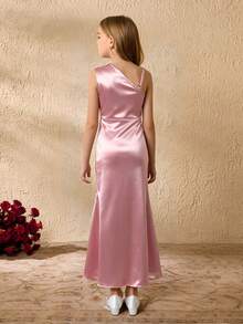 Tween Girl Elegant Minimalist Fashion Asymmetric-Shoulder Sleeveless Waist-Cinched High-Waist Long Snug Fit Slit Dress With 3D Floral Decor, Satin Shiny Fabric, Pink, Suitable For Prom, Birthday Party, Formal Occasions - Pink - View 2