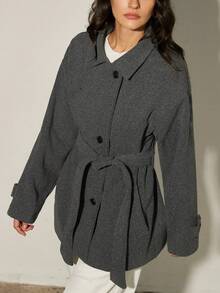 Aveloria Modichic Classic Lapel Single-Breasted Overcoat With Adjustable Waist Belt - Dark Grey - View 1