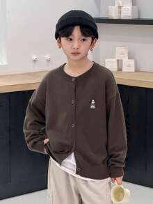 DAZY 青少年男孩纯色落肩长袖纽扣前针织毛衣 - 綠色 - 查看 3