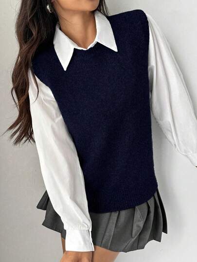 EMERY ROSE Women's Solid Color Round Neck Casual Loose Knitted Vest, Autumn/Winter Sweater Vest For Women Preppy Tops