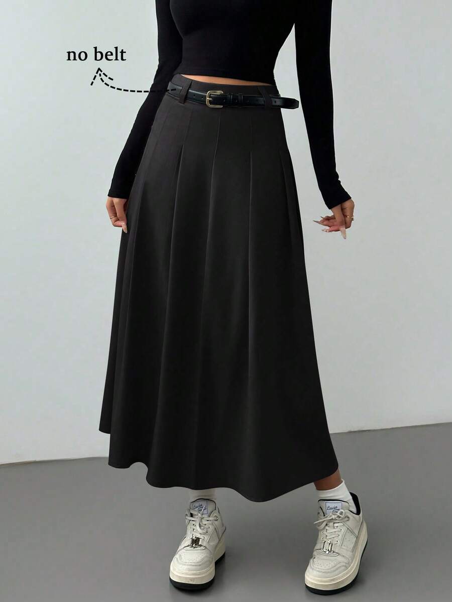Almamuse Spring & Autumn New High Waist A-Line Knee-Length Pleated Skirt - Black - View 1
