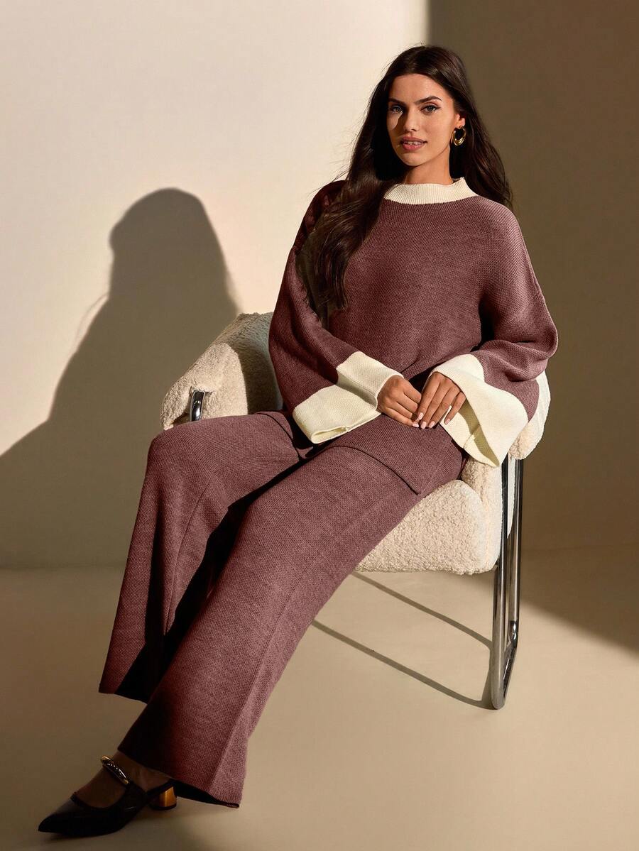 CLARA VERO WOMEN'S Two Pieces RIB KNIT SET – CARAMEL & CREAM COLORBLOCK, FLARED SLEEVE TOP WITH SIDE SLIT AND WIDE-LEG PANTS - Dusty Pink - View 1