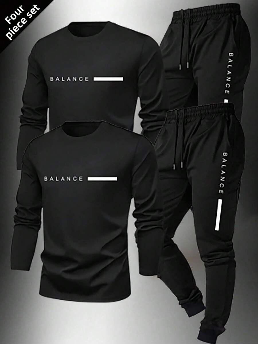 Manfinity Sport Corelite Bộ đồ thể thao nam 4 món, áo dài tay và quần dài, bộ đồ tập gym 2 mảnh, bộ đồ thể thao thường ngày, bộ đồ tập gym tay dài, bộ đồ tập luyện. - màu đen - Xem 1