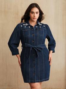 Anewsta Plus Size Women's Elegant, Formal, Party, Chic, Work, Graduation, Wedding, Red Handcrafted Rhinestone Embellished Cinched Waist Casual Denim Dress - Blue - View 4