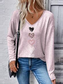 EMERY ROSE Women's New Arrival Heart Print V-Neck Long Sleeve Casual Versatile T-Shirt, Autumn/Winter - Baby Pink - View 3