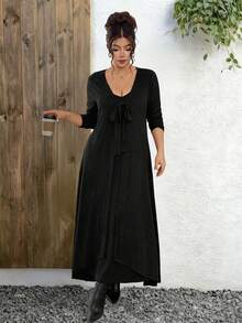 Elenzga Plus Size Black Autumn Elegant Formal Dinner Evening Two Pieces Set,Soft Elastic Waist A-Line Camisole Dress,Brushed Ribbed Long Sleeve Long Cardigan - Black - View 6