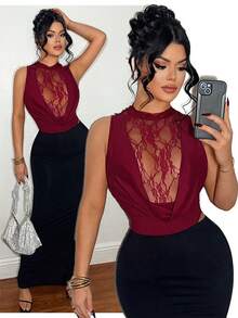 SHEIN SXY Bộ đồ liền thân ren đỏ tía hở cổ khoét sâu gợi cảm dành cho nữ - Màu Đỏ Sâu - Xem 9
