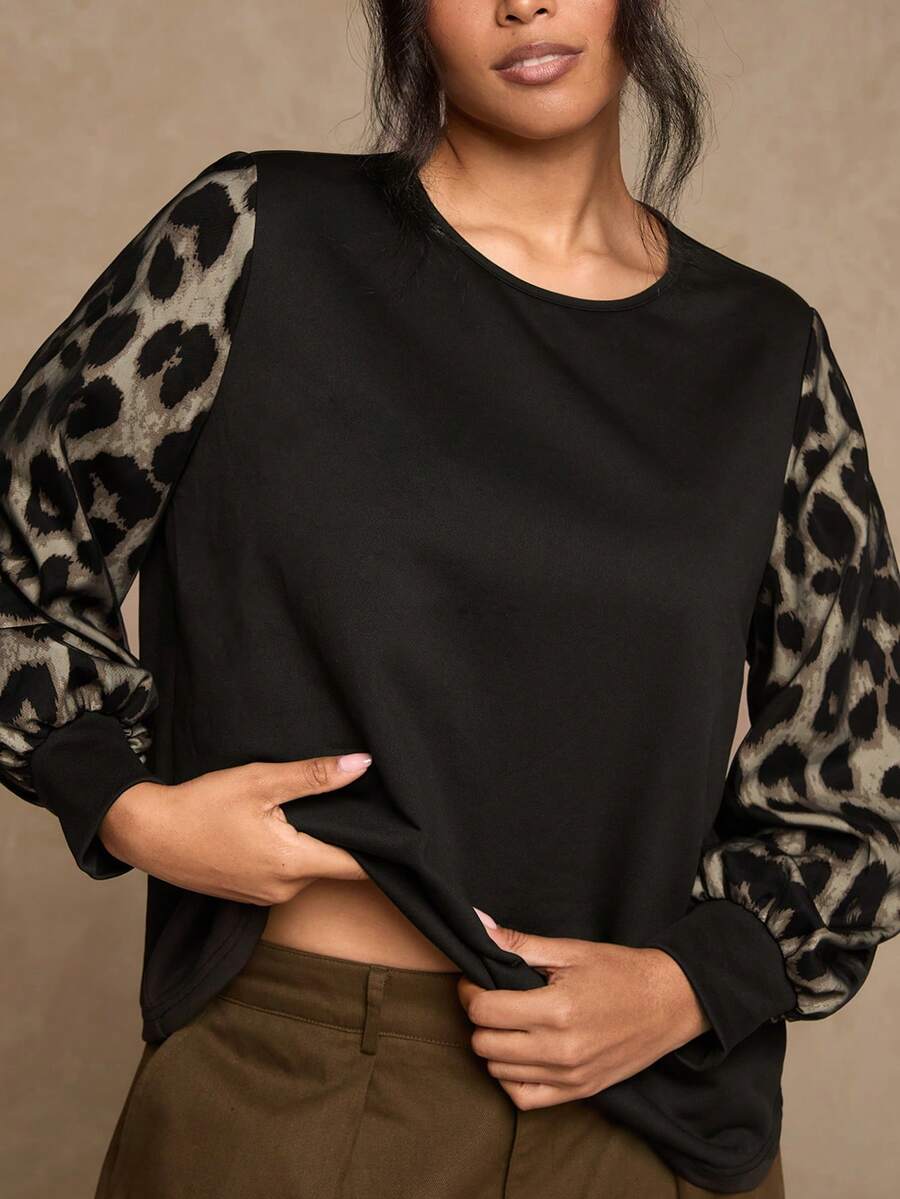 SHEIN VCAY Plus Size Women Leopard Print Patchwork Long Sleeve Casual Blouse Cheetah Top Puffy Sleeve Top Western - Black - View 1
