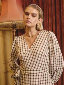 Aralina Rochie mini elegantă cu mânecă lungă, în carouri, cu imprimeu Seersucker și gingham, pentru femei, toamnă/iarnă, cu imprimeu, înfășurată și cu nod, perfectă pentru o ținută de ieșire în oraș sau pentru absolvire, de Crăciun - Maro - Vizualizare 4