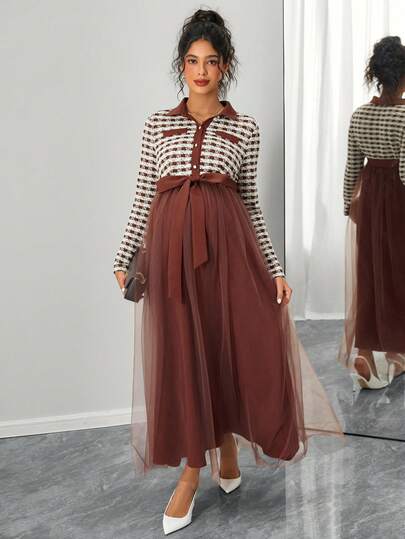 SHEIN Elegant mammaklänning med lapptäcke i mesh och hundtandsmönster